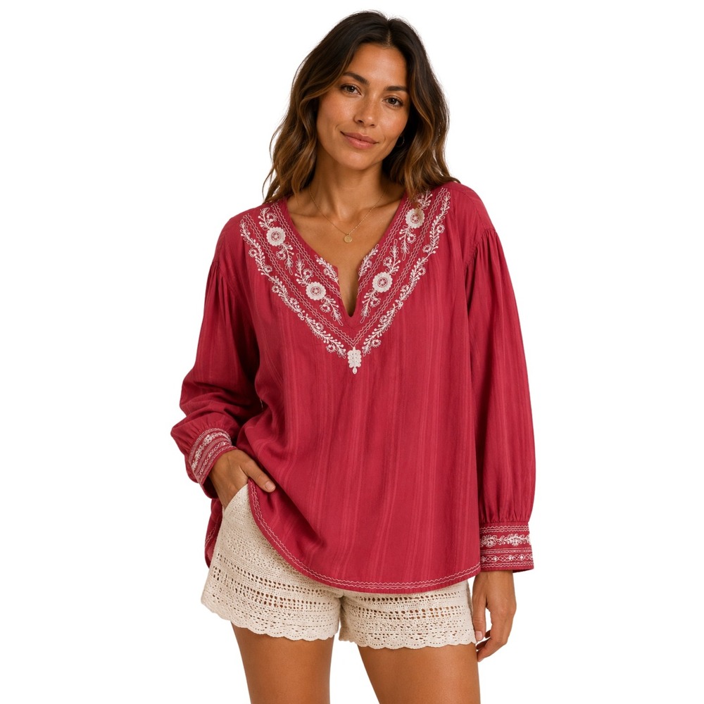 Lauren Ralph Lauren Top Medium Pink Embroidered Cotton Peasant Blouse Boho Beach